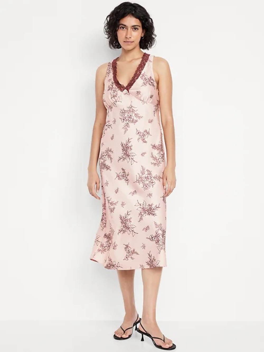NWT Old Navy Blush Pink Floral Satin Lace-Trim Midi Dress (Size Medium)
